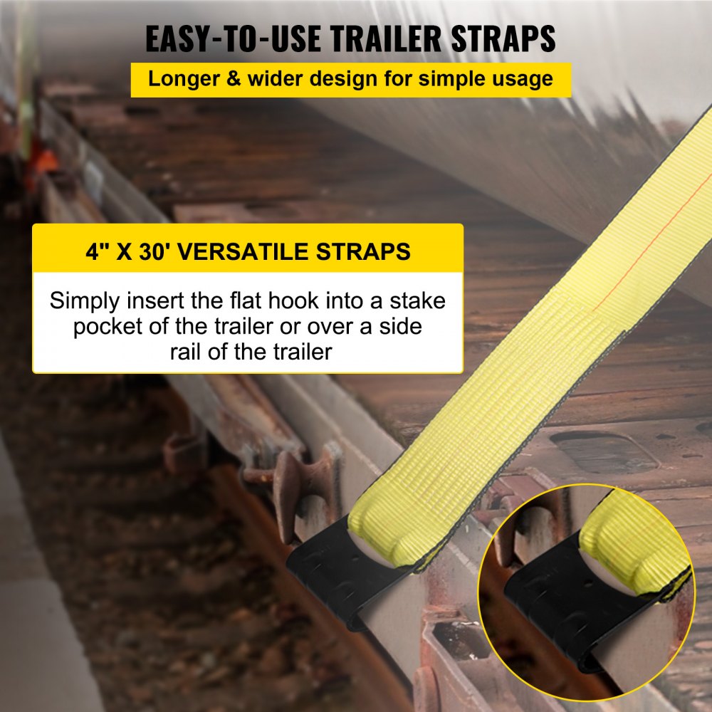 VEVOR Truck Straps 4"x30' Winch Straps with a Flat Hook Flatbed Tie Downs 15400lbs Load Capacity Flatbed Strap Cargo Control for Flatbeds, Trucks, Trailers, Farms, Rescues, Tree Saver, Yellow(4 Pack)