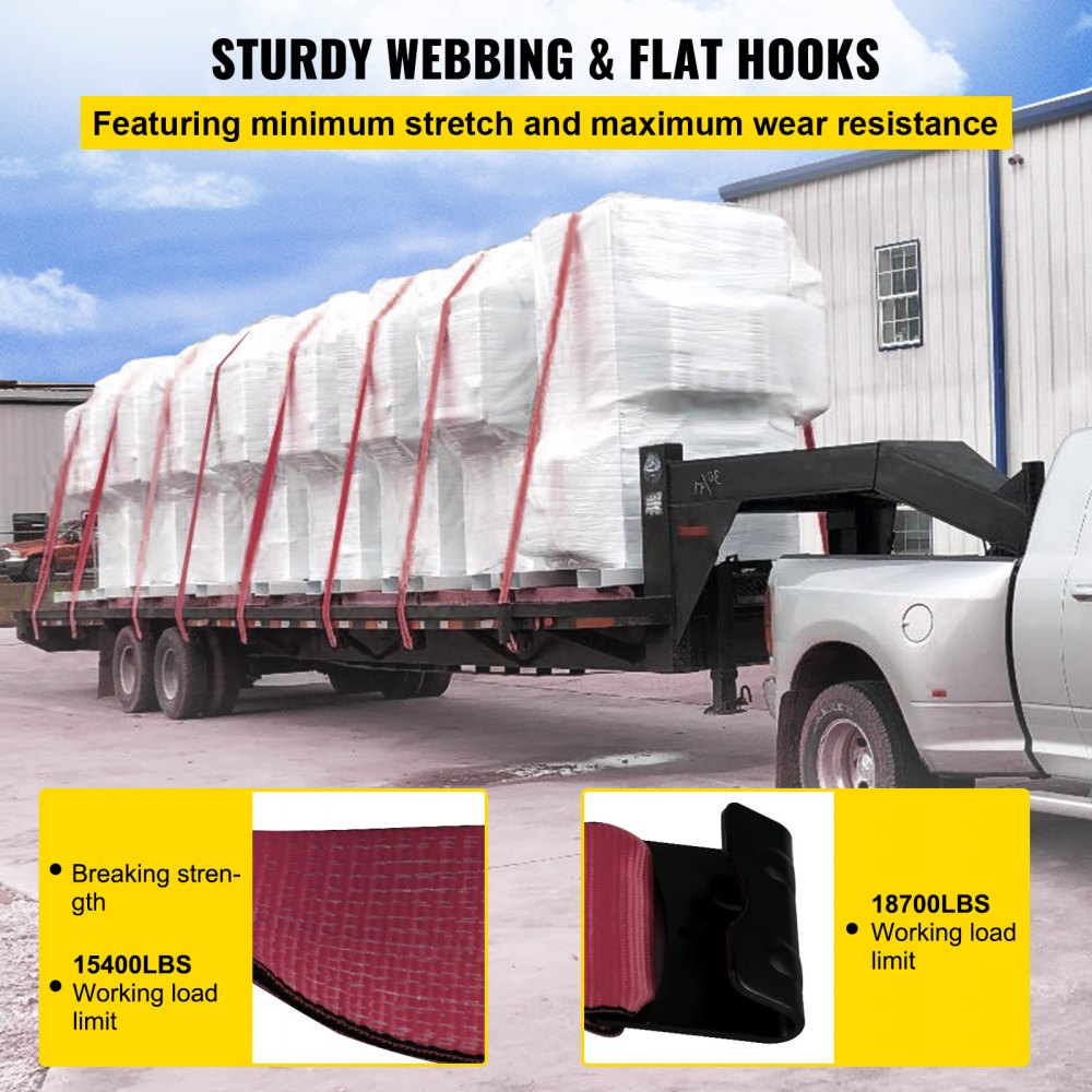 VEVOR Truck Straps 4" x30' Winch Straps with a Flat Hook Flatbed Tie Downs 15400lbs Load Capacity Flatbed Strap Cargo Control for Flatbeds, Trucks, Trailers, Farms, Rescues, Tree Saver, Red (4-Pack)