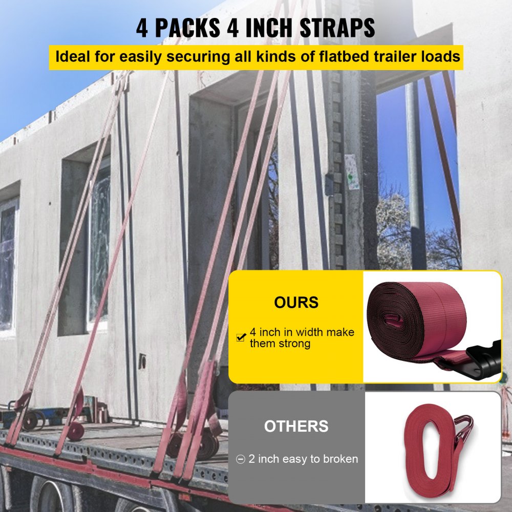 VEVOR Truck Straps 4" x30' Winch Straps with a Flat Hook Flatbed Tie Downs 15400lbs Load Capacity Flatbed Strap Cargo Control for Flatbeds, Trucks, Trailers, Farms, Rescues, Tree Saver, Red (4-Pack)