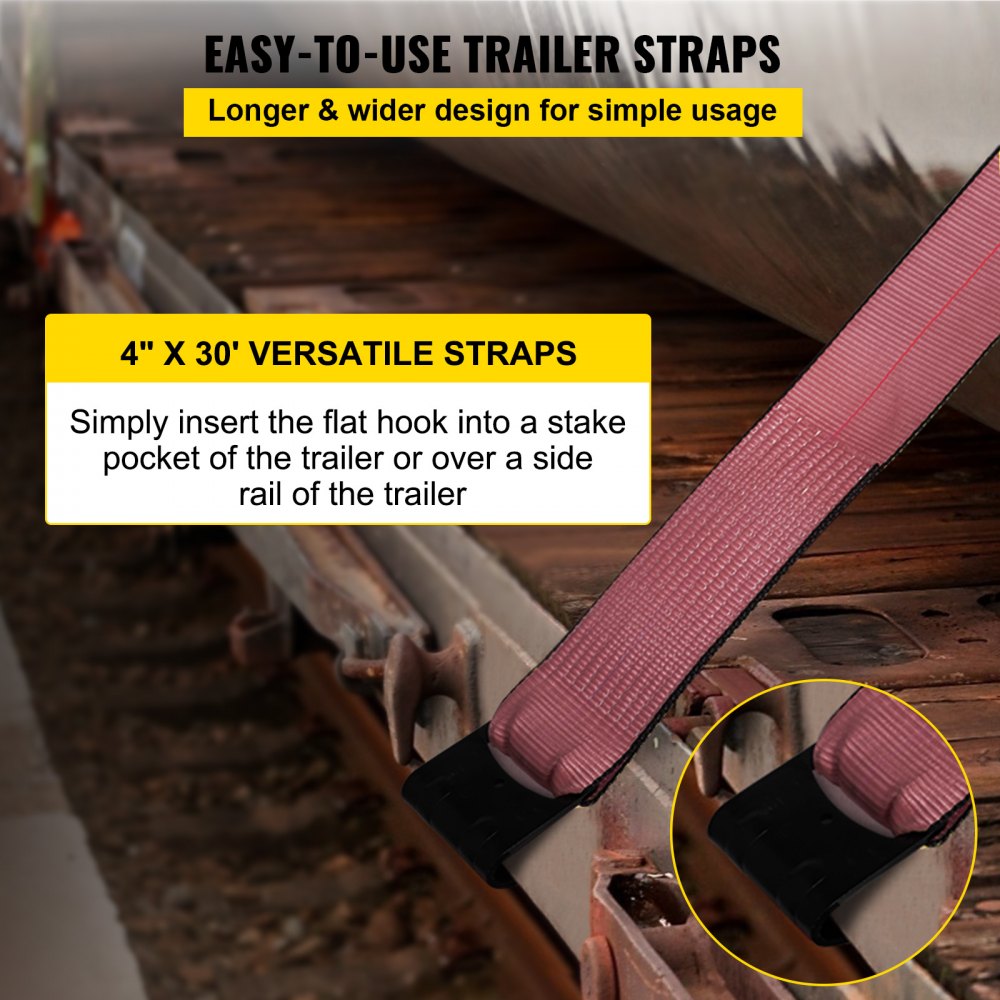 VEVOR Truck Straps 4" x30' Winch Straps with a Flat Hook Flatbed Tie Downs 15400lbs Load Capacity Flatbed Strap Cargo Control for Flatbeds, Trucks, Trailers, Farms, Rescues, Tree Saver, Red (4-Pack)