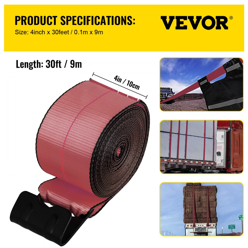VEVOR Truck Straps 4" x30' Winch Straps with a Flat Hook Flatbed Tie Downs 15400lbs Load Capacity Flatbed Strap Cargo Control for Flatbeds, Trucks, Trailers, Farms, Rescues, Tree Saver, Red (8-Pack)