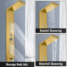 VEVOR 5 i 1 duschtornspanel i rostfritt stål Väggmonterad panel Regnmassagestrålar Vattenfall Badrumsduschtorn (guldfärg)