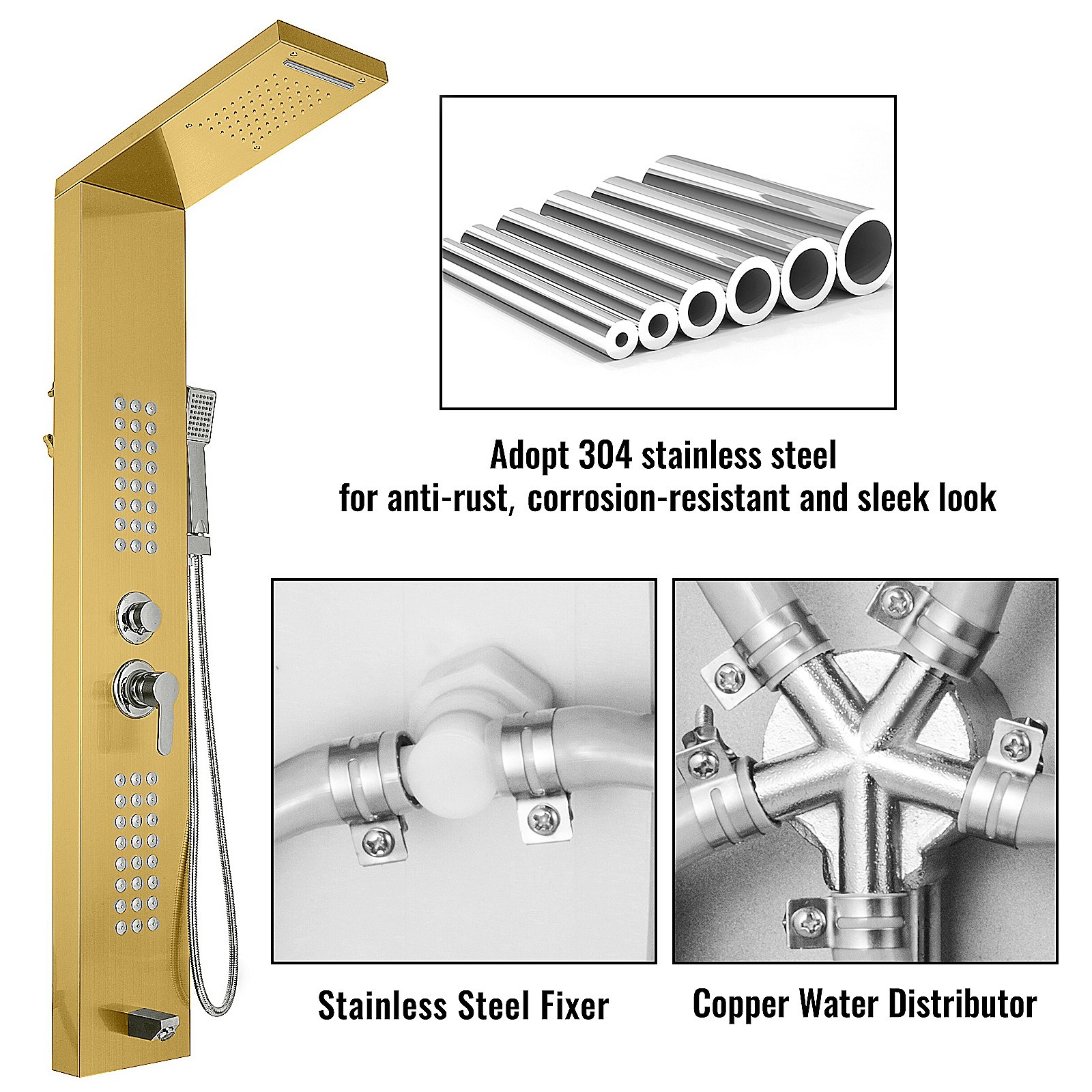 VEVOR 5 in 1 Shower Tower Panel Stainless Steel Wall Mounted Panel Rainfall  Massage Jets Waterfall Bathroom Shower Tower (Gold Color)