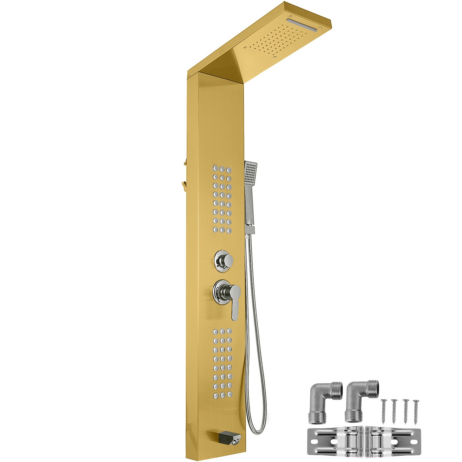 VEVOR 5 in1 Shower Panel Tower System Gold Stainless Steel Multi-Function Shower Panel with Spout Rainfall Waterfall Massage Jets Tub Spout Hand Shower for Home Hotel Resort Split Type Split
