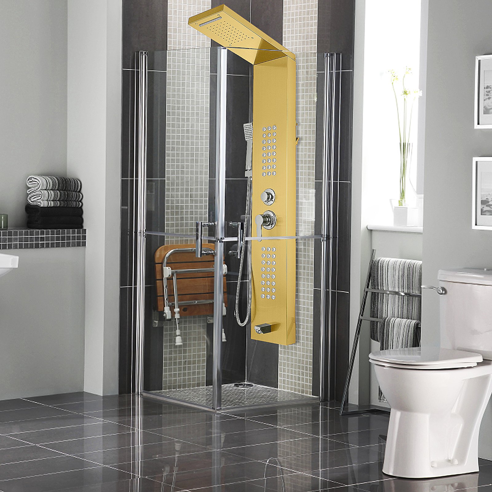 VEVOR 5 in1 Shower Panel Tower System Gold Stainless Steel Multi-Function Shower Panel with Spout Rainfall Waterfall Massage Jets Tub Spout Hand Shower for Home Hotel Resort Split Type Split