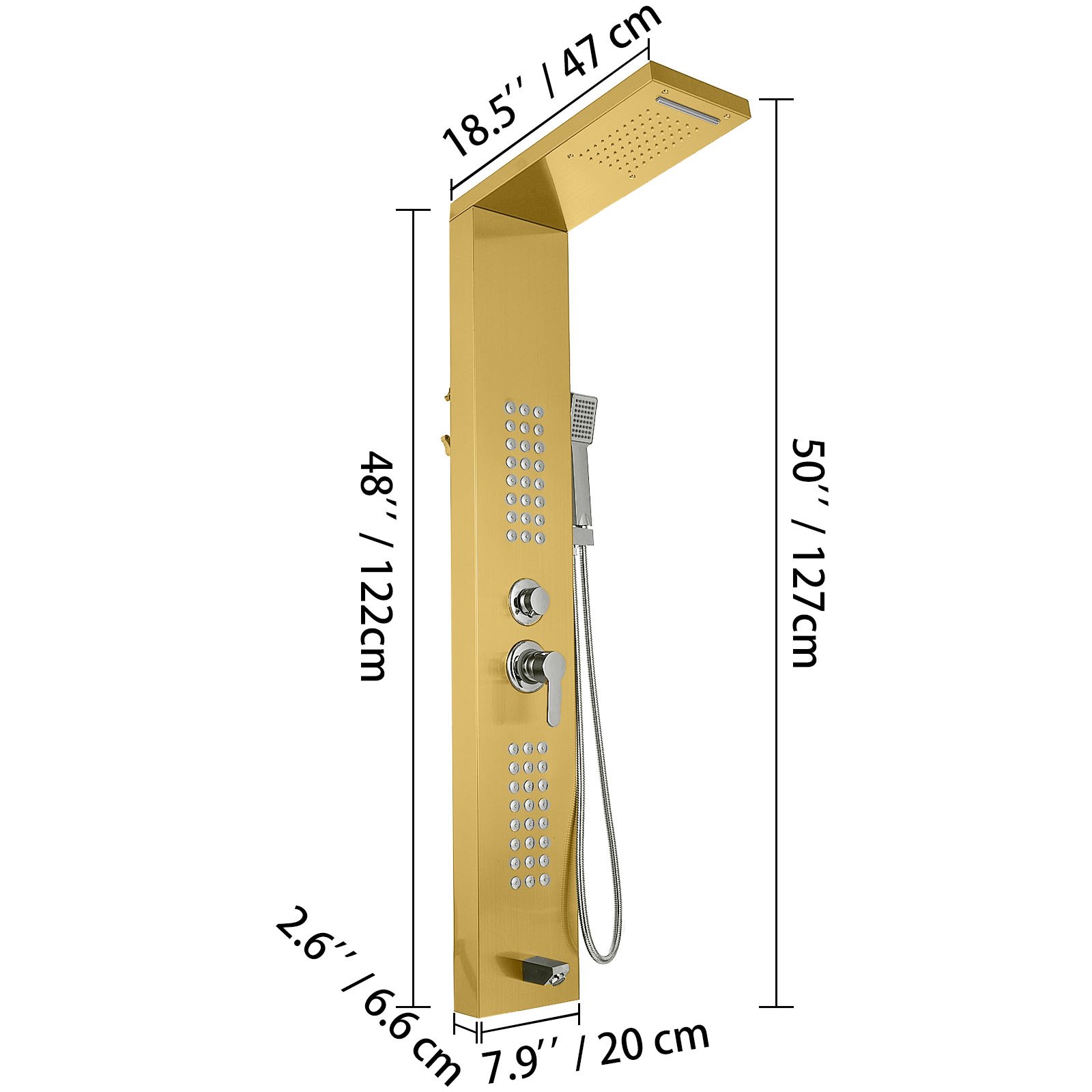 VEVOR 5 in1 Shower Panel Tower System Gold Stainless Steel Multi-Function Shower Panel with Spout Rainfall Waterfall Massage Jets Tub Spout Hand Shower for Home Hotel Resort Split Type Split