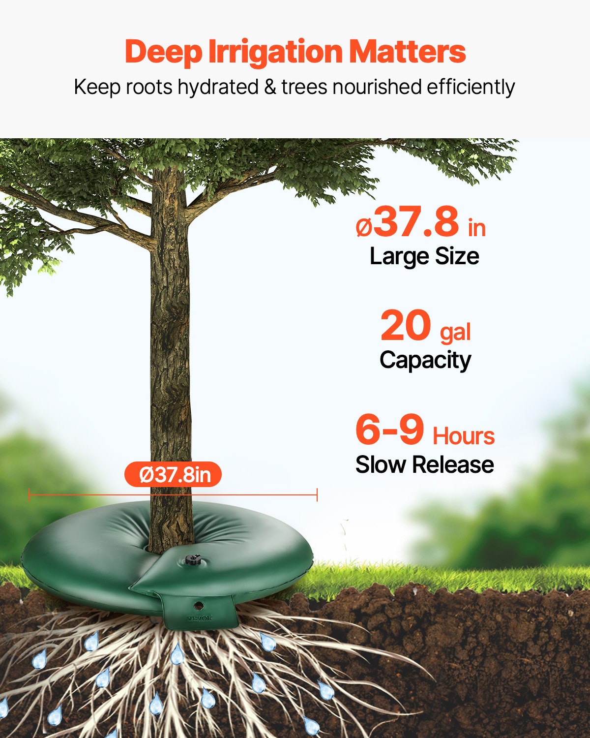 VEVOR Tree Watering Rings, 4 Pcs 20 Gallons Tree Watering Bags, 6-9 Hours Slow Release, Refillable Planting Water Bags, Water Saving, Heavy Duty Watering System for Shrub Tree Root Drip Irrigation
