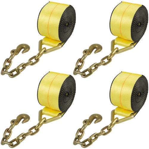 VEVOR Truck Straps, 4"x30' Winch Straps w/Chain Anchor, Flatbed Tie Downs 15400lbs Load Capacity, Flatbed Strap Cargo Control for Flatbeds, Trucks, Trailers, Farms, Rescues, Tree Saver, Yellow(4 Pack)