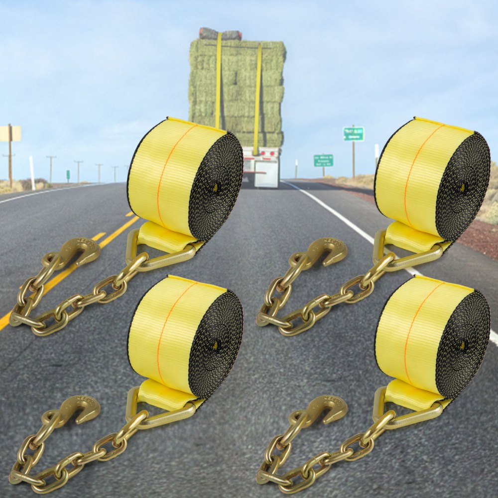 Correas de camión VEVOR, correas de cabrestante de 4 x 30 pies con ancla de cadena, amarres de cama plana de 15400 libras de capacidad de carga, control de carga de correa plana para camiones, remolques, granjas, rescates, protector de árboles, amarillo (paquete de 4)