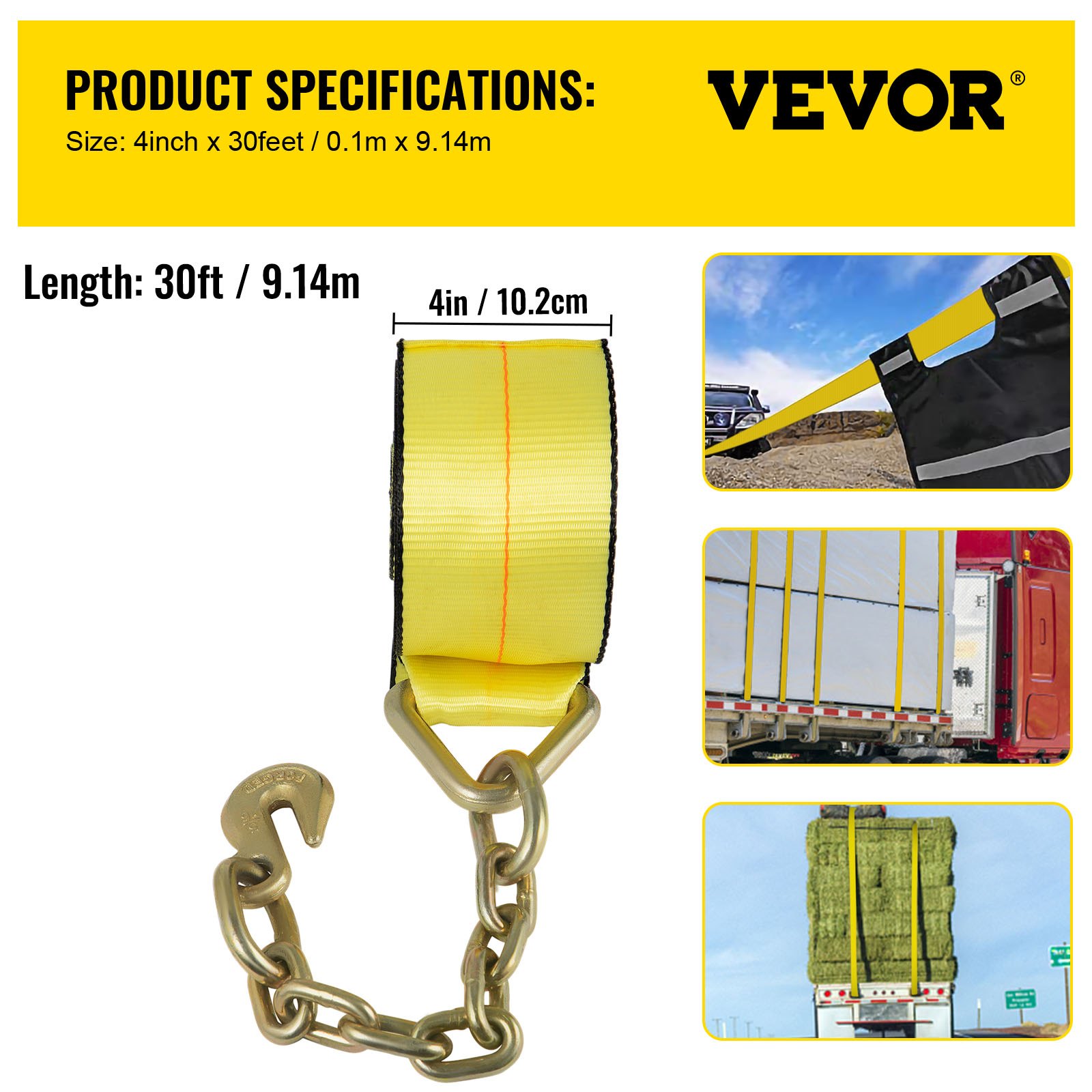 Correas de camión VEVOR, correas de cabrestante de 4 x 30 pies con ancla de cadena, amarres de cama plana de 15400 libras de capacidad de carga, control de carga de correa plana para camiones, remolques, granjas, rescates, protector de árboles, amarillo (paquete de 4)