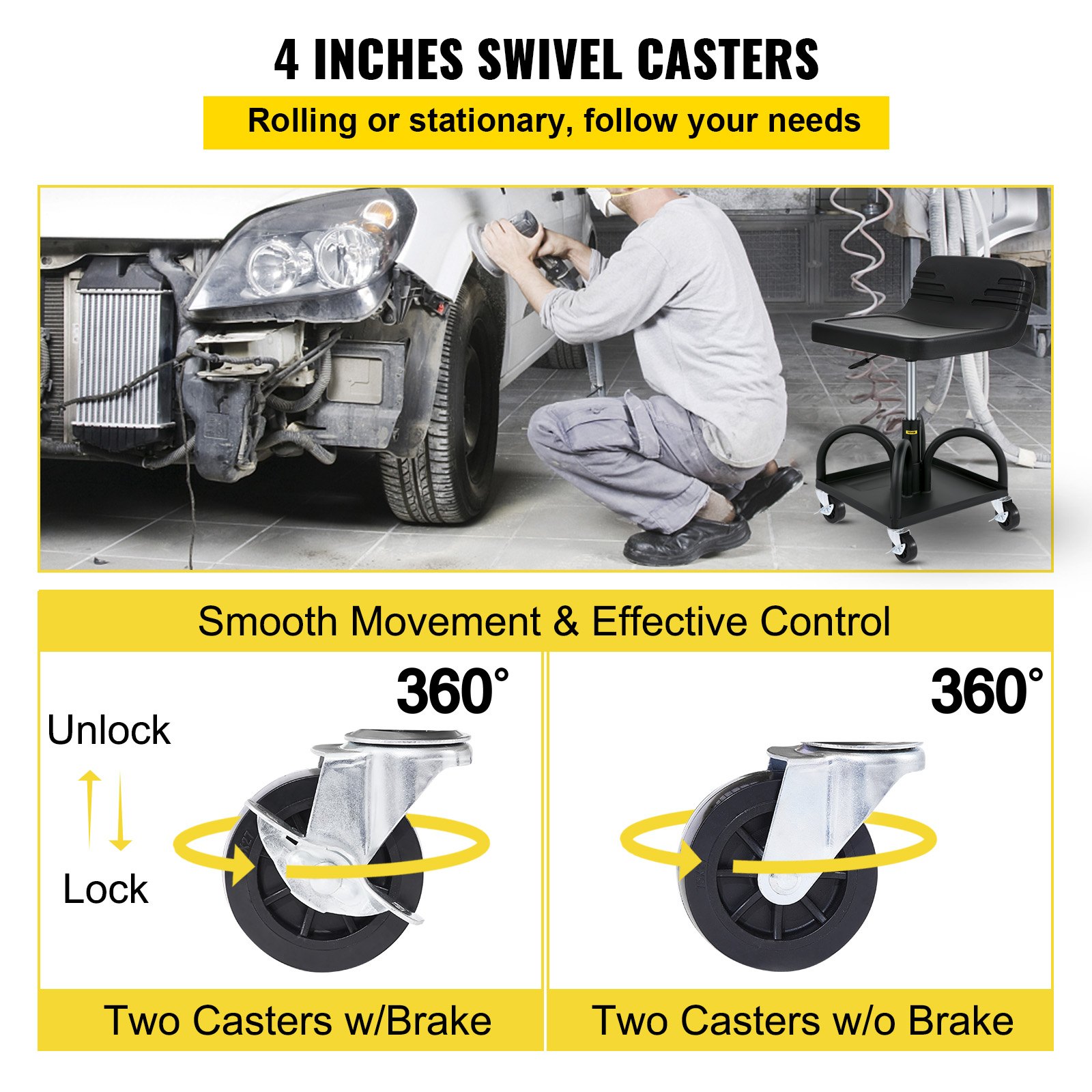 VEVOR Rolling Garage Stool, 135 kg Capacity, Adjustable Height from 40 cm to 52 cm, Mechanic Seat with 360-degree Swivel Wheels and Tool Tray, for Workshop, Auto Repair Shop, Black