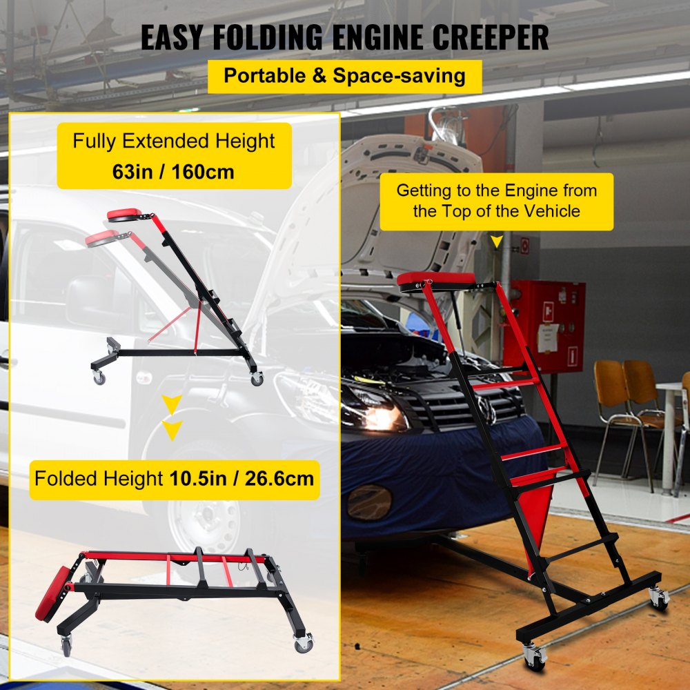 VEVOR Automotive Engine Creeper, Adjustable Height Foldable Creeper, 400 LBS Capacity High Top Engine Creeper, with Four 4 inches Casters, Padded Deck, for Home, Garage, Workshop Repair Maintenance
