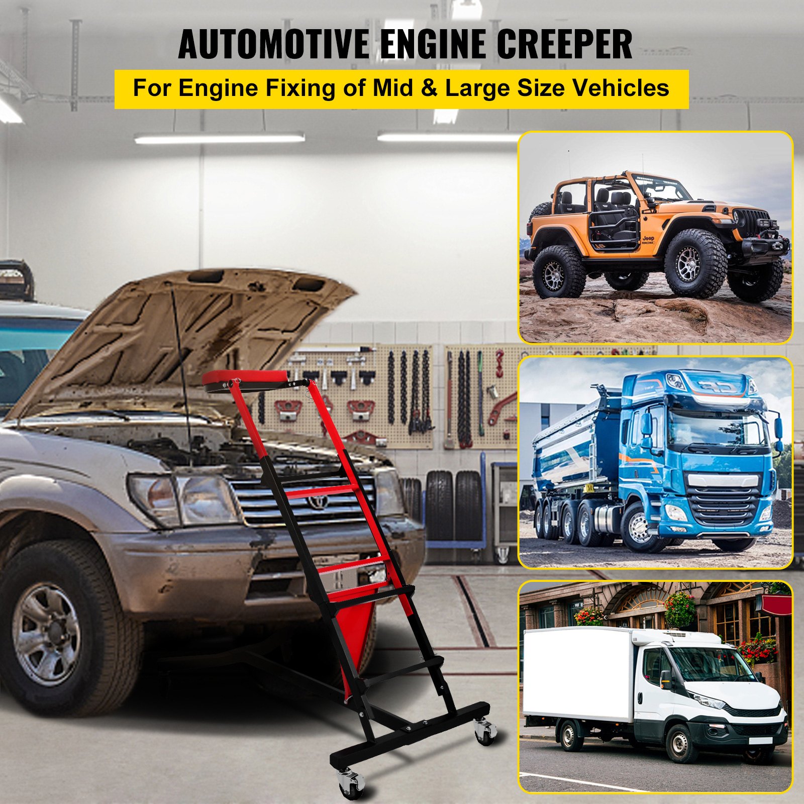 VEVOR Automotive Engine Creeper, Adjustable Height Foldable Creeper, 400 LBS Capacity High Top Engine Creeper, with Four 4 inches Casters, Padded Deck, for Home, Garage, Workshop Repair Maintenance