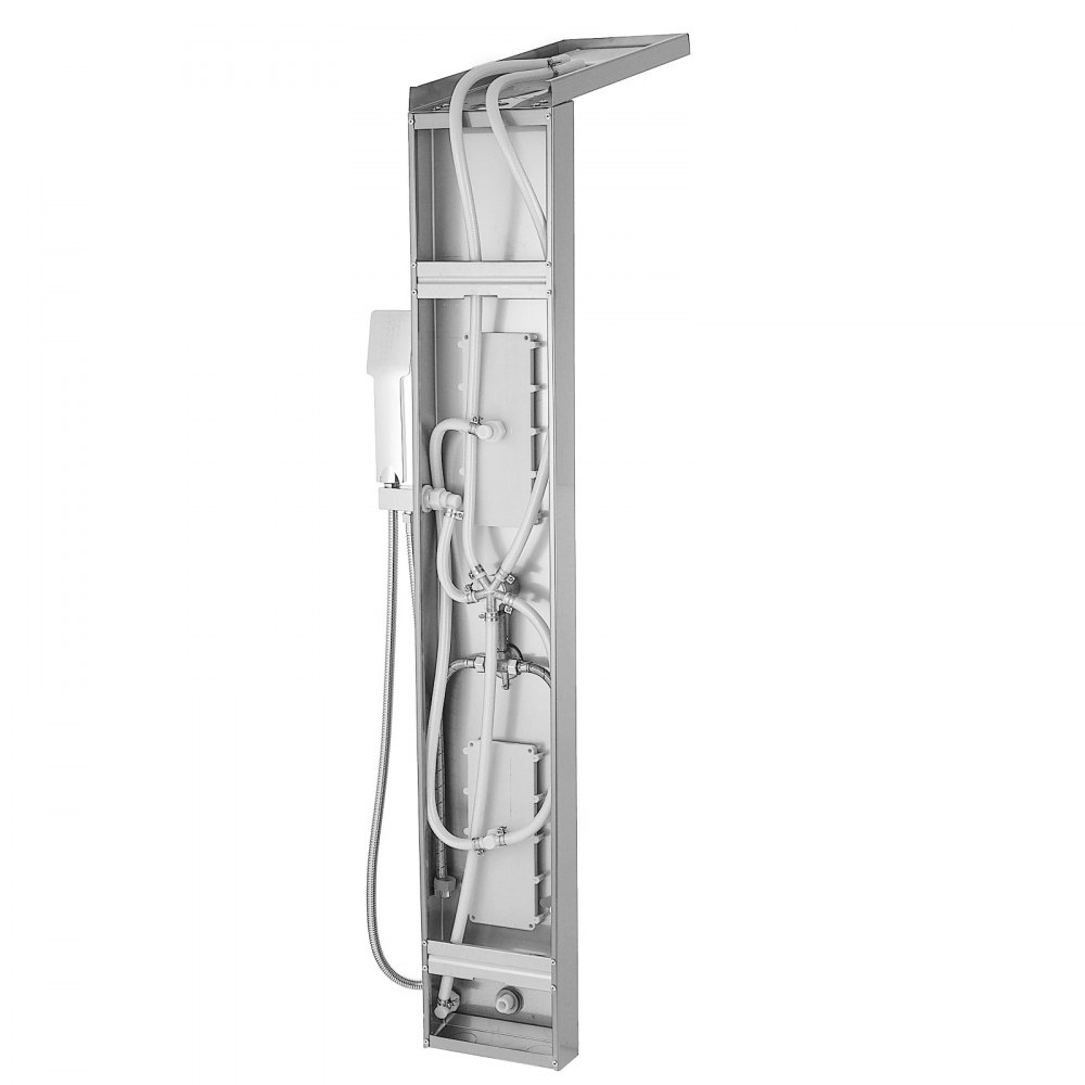 VEVOR shower panel system with exposed inner components and sleek silver finish.