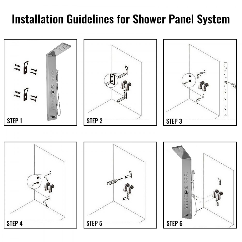 VEVOR shower panel system installation steps guide with wall mounting illustrations.