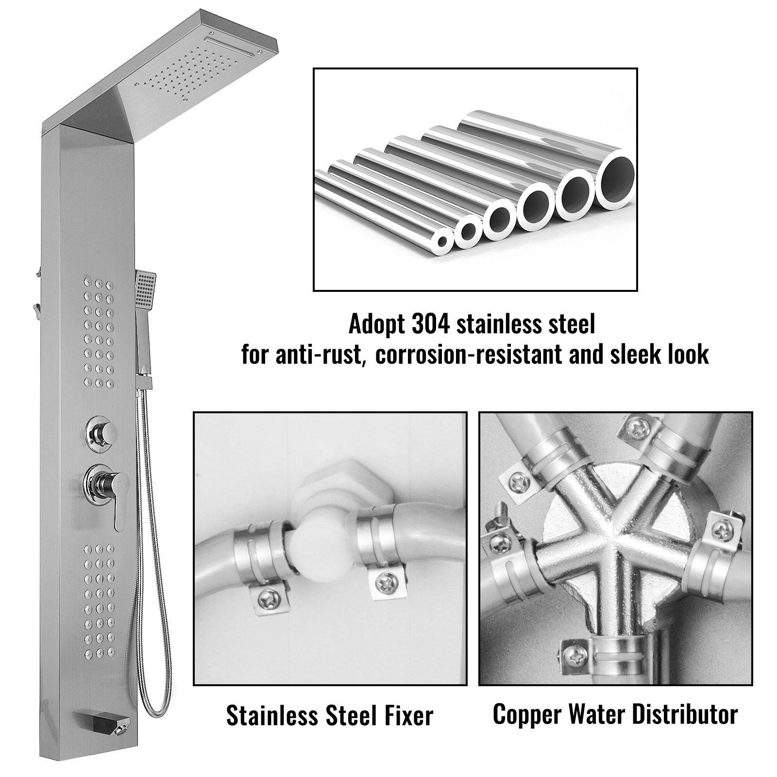 VEVOR shower panel system with 304 stainless steel for anti-rust and sleek look.