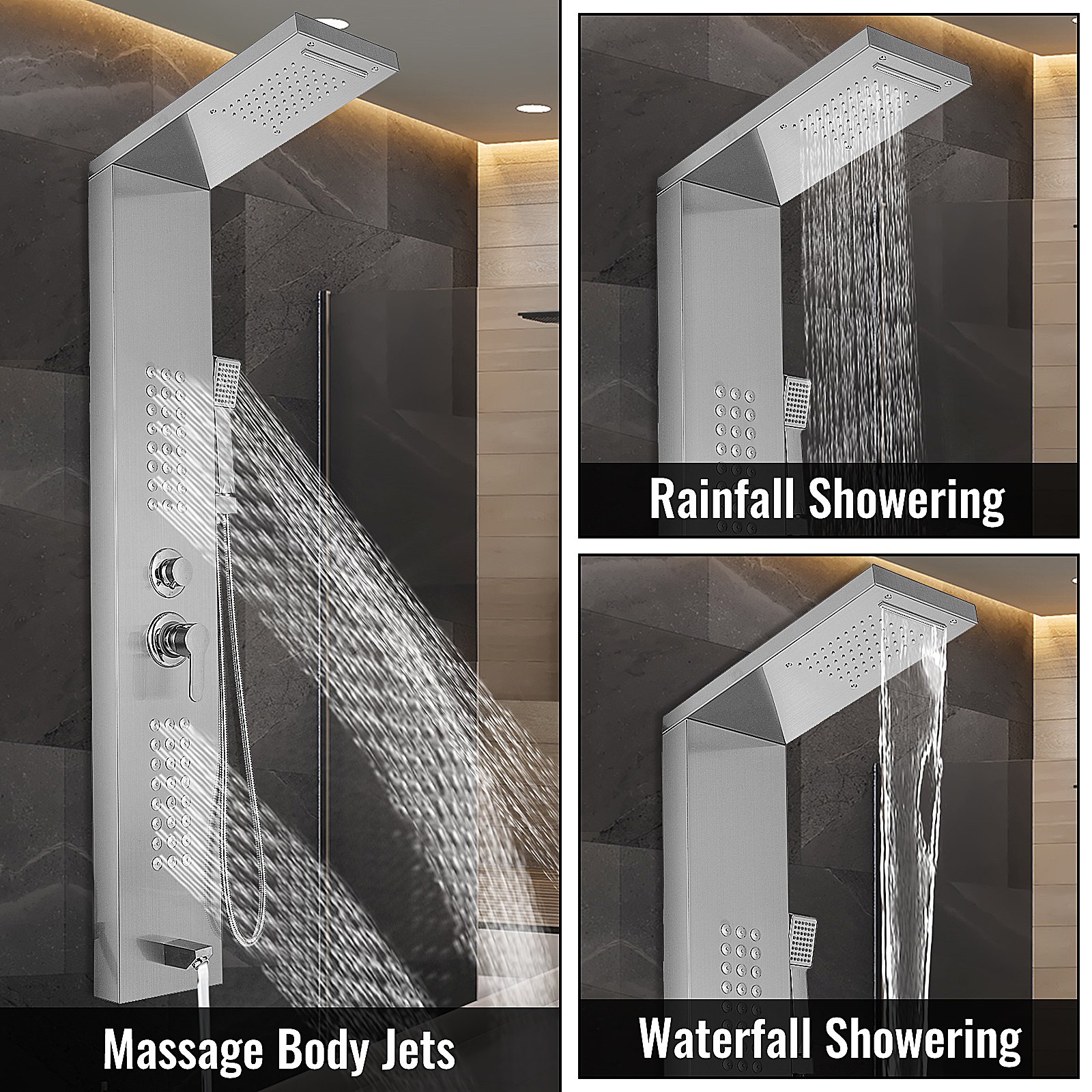 VEVOR shower panel system with massage body jets, rainfall, and waterfall showering.