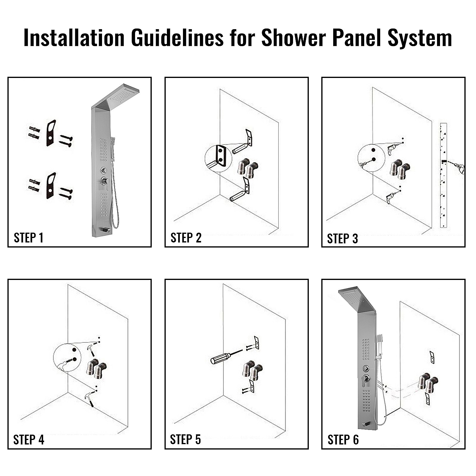VEVOR shower panel system installation steps guide with wall mounting illustrations.