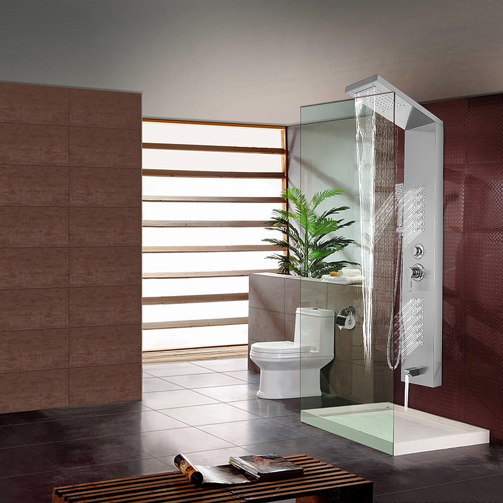 modern bathroom with VEVOR shower panel system, glass enclosure, and sleek design.