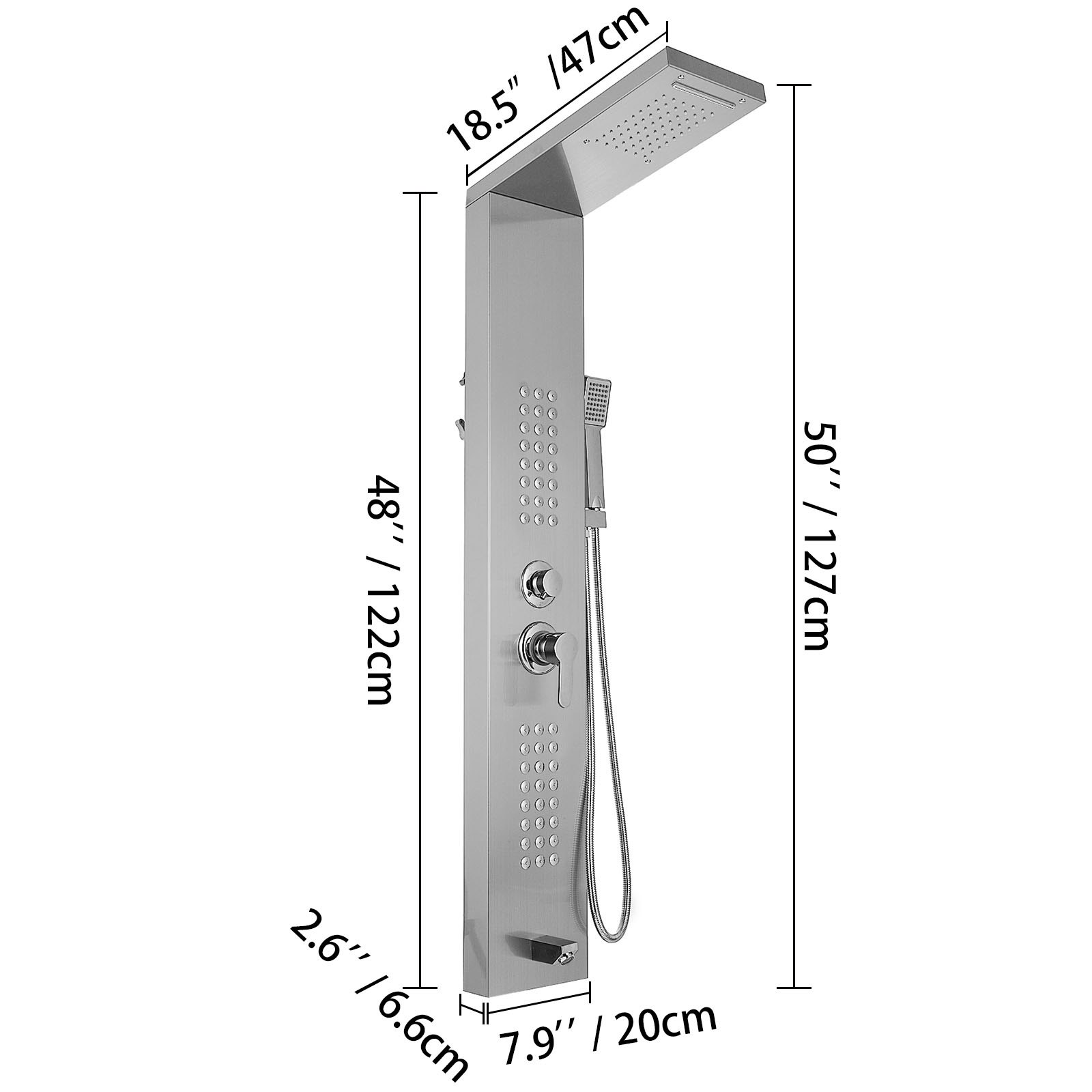 VEVOR shower panel system with dimensions detailed, featuring handheld shower and jets.