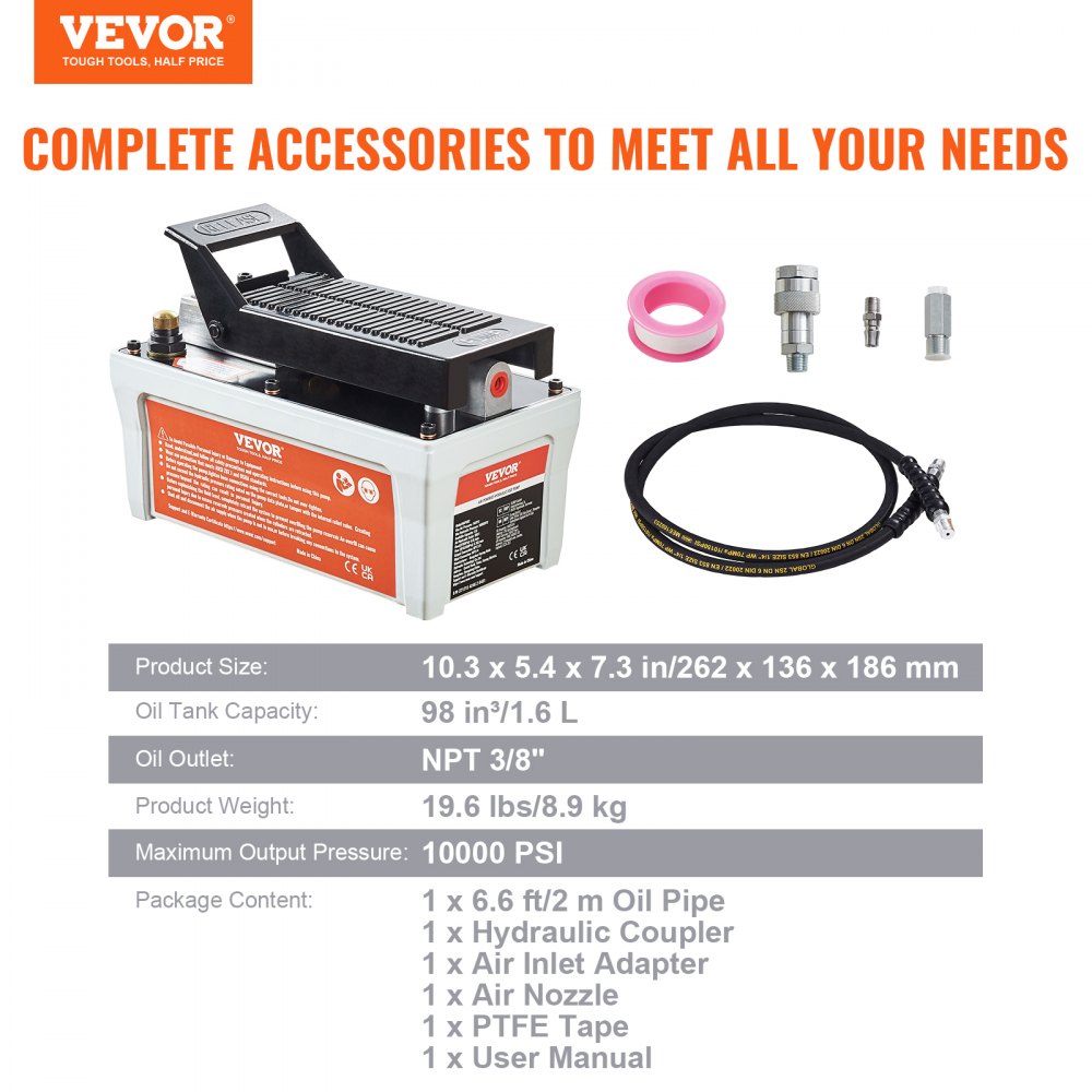 VEVOR Air Hydraulic Pump, 6895 bar 1.9L Reservoir, NPT 10mm Oil Outlet, NPT 6.4 mm Inlet, 2m Pipe, Foot Actuated Hydraulic Pump Air Treadle for Auto Body Frame Machines and Pulling Post, Gray