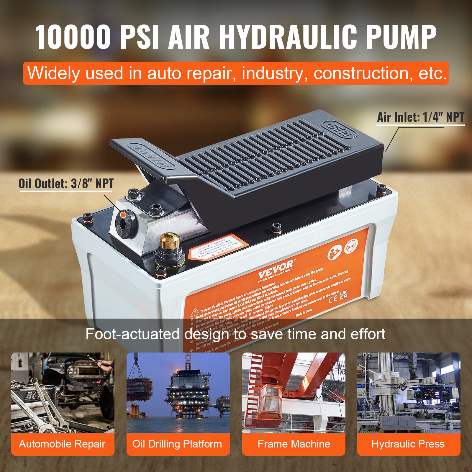 VEVOR Air Hydraulic Pump, 6895 bar 1.9L Reservoir, NPT 10mm Oil Outlet, NPT 6.4 mm Inlet, 2m Pipe, Foot Actuated Hydraulic Pump Air Treadle for Auto Body Frame Machines and Pulling Post, Gray