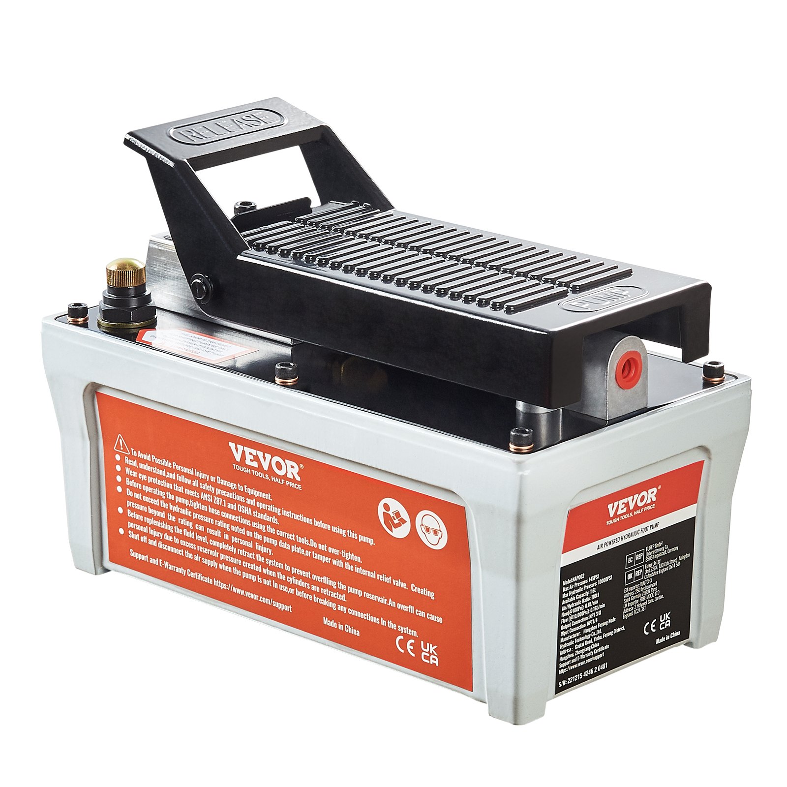 VEVOR Air Hydraulic Pump, 6895 bar 1.9L Reservoir, NPT 10mm Oil Outlet, NPT 6.4 mm Inlet, 2m Pipe, Foot Actuated Hydraulic Pump Air Treadle for Auto Body Frame Machines and Pulling Post, Gray