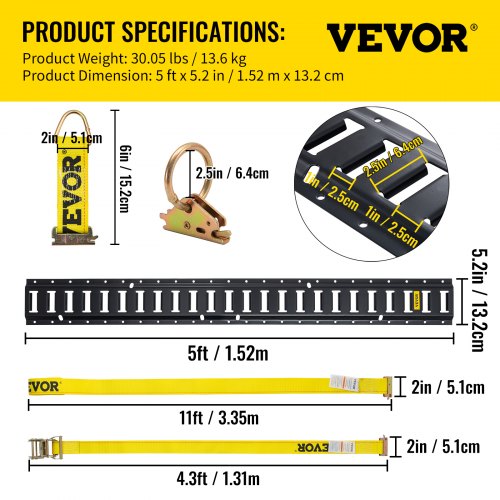 VEVOR E Track Tie-Down Rail Kit, 18PCS 5FT E-Tracks Set Includes 4 Steel Rails & 2 Single Slot & 6 O Rings & 4 Tie-Offs w/ D-Ring & 2 Ratchet Straps, Securing Accessories for Cargo Motorcycles Bikes