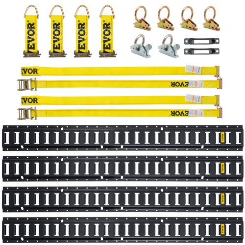 VEVOR E Track Tie-Down Rail Kit, 18PCS 5FT E-Tracks Set Includes 4 Steel Rails & 2 Single Slot & 6 O Rings & 4 Tie-Offs w/ D-Ring & 2 Ratchet Straps, Securing Accessories for Cargo Motorcycles Bikes