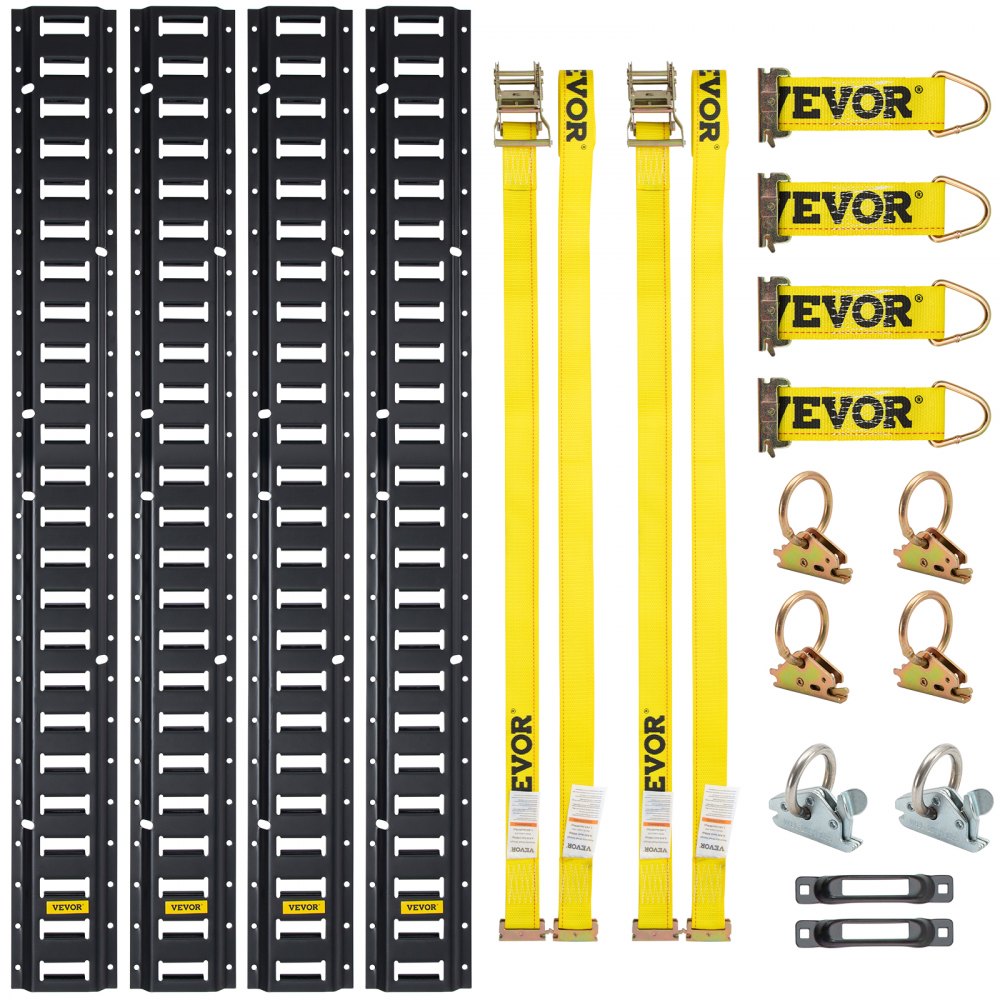 VEVOR E lánctalpas rögzítősín készlet, 18 DB-os 5 lábos E-Tracks készlet, amely 4 acélsínt és 2 egynyílású, 6 O-gyűrűt és 4 összekötőt D-gyűrűvel és 2 racsnis hevederrel, tehermotorkerékpár-kerékpárokhoz való rögzítési tartozékokat tartalmaz