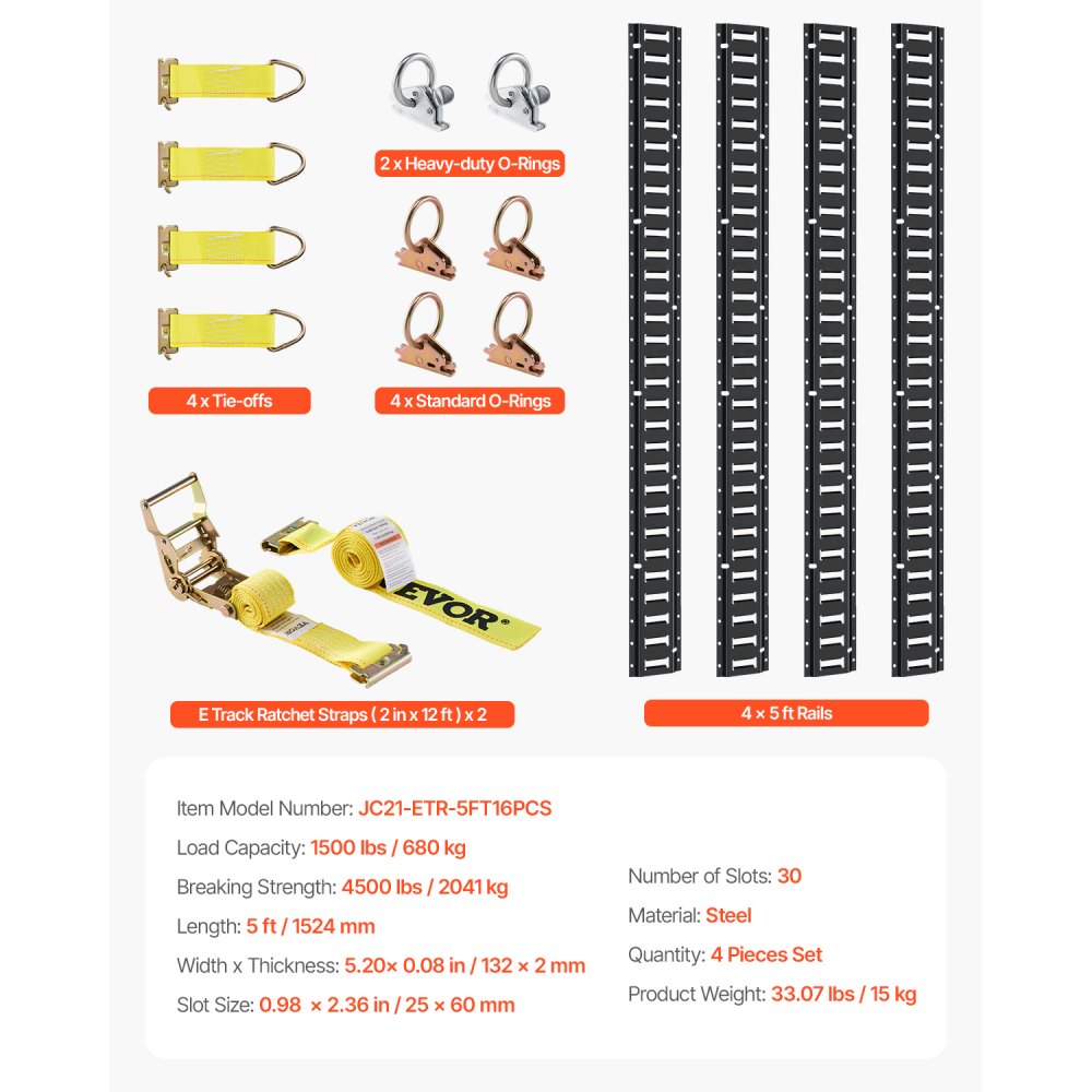 VEVOR E Track Tie-Down Rail Kit, 18PCS 152.4 cm E-Tracks Set Includes 4 Steel Rails & 2 Single Slot & 6 O Rings & 4 Tie-Offs w/ D-Ring & 2 Ratchet Straps, Securing Accessories for Cargo Motorcycles Bikes