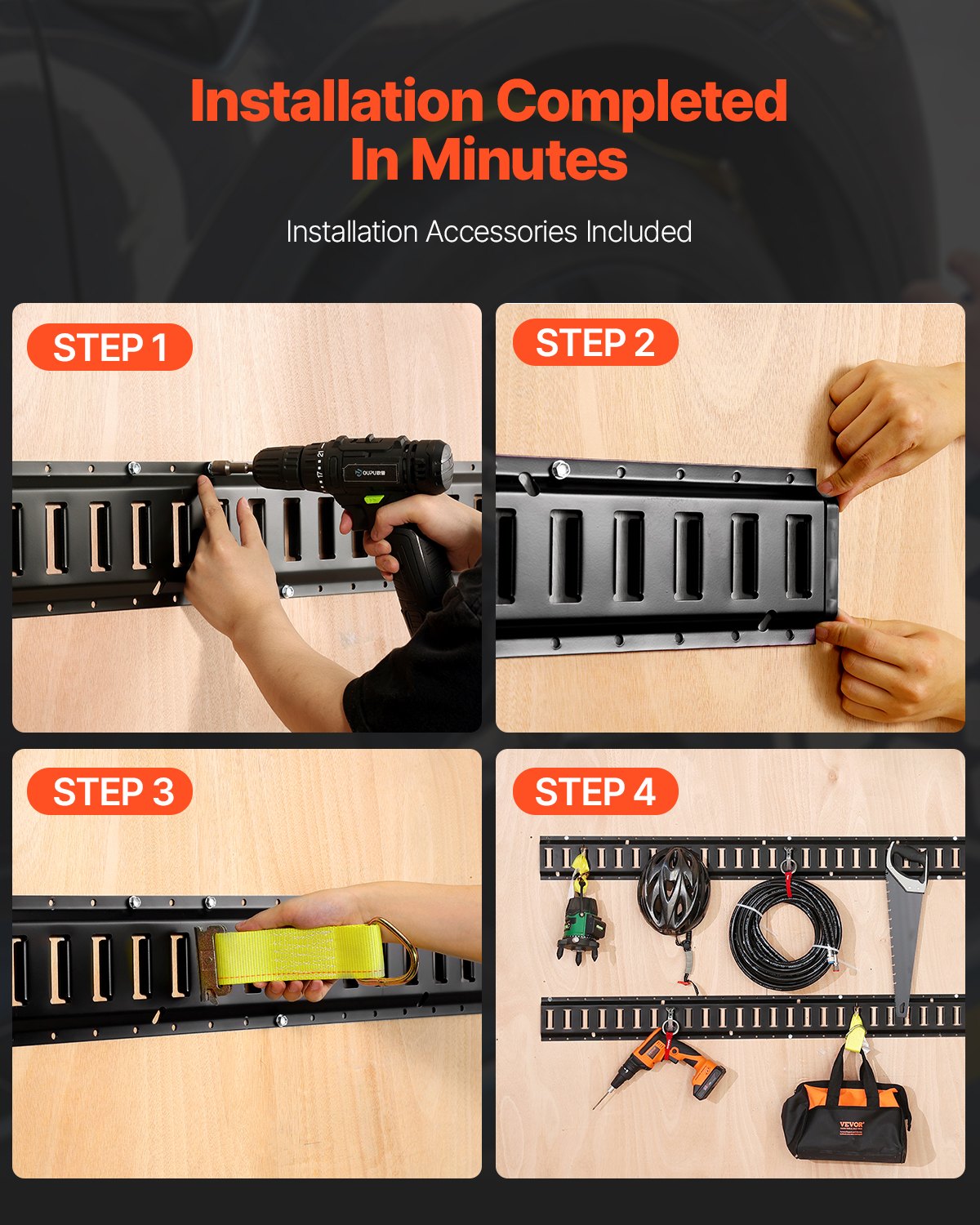 VEVOR E Track Tie-Down Rail Kit, 18PCS 5FT E-Tracks Set Includes 4 Steel Rails & 2 Single Slot & 6 O Rings & 4 Tie-Offs w/D-Ring & 2 Ratchet Straps, Securing Accessories for Cargo Motorcycles Bikes