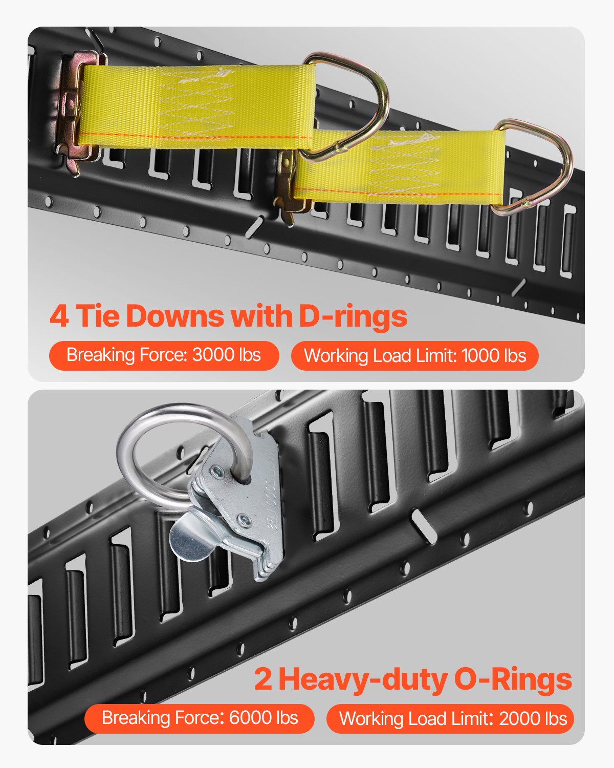 VEVOR E Track Tie-Down Rail Kit, 18 STK 5FT E-spor sæt indeholder 4 stålskinner & 2 enkeltspalte & 6 O-ringe & 4 bindinger m/ D-ring & 2 skraldestropper, sikringstilbehør til lastmotorcykler