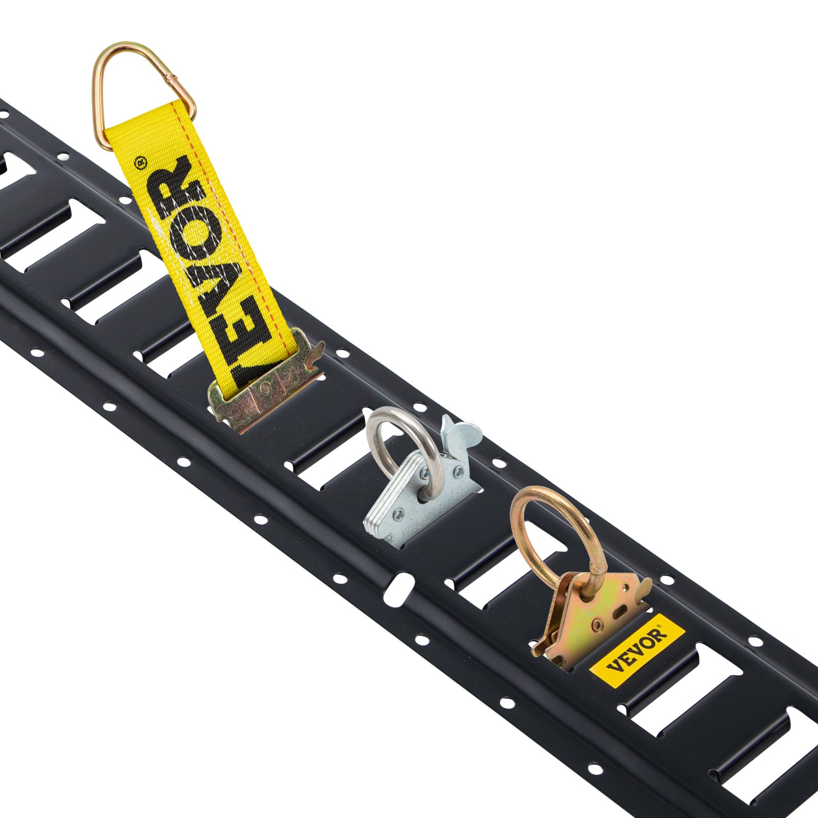 black e track with yellow VEVOR straps and sturdy metal tie-down rings for secure cargo management.