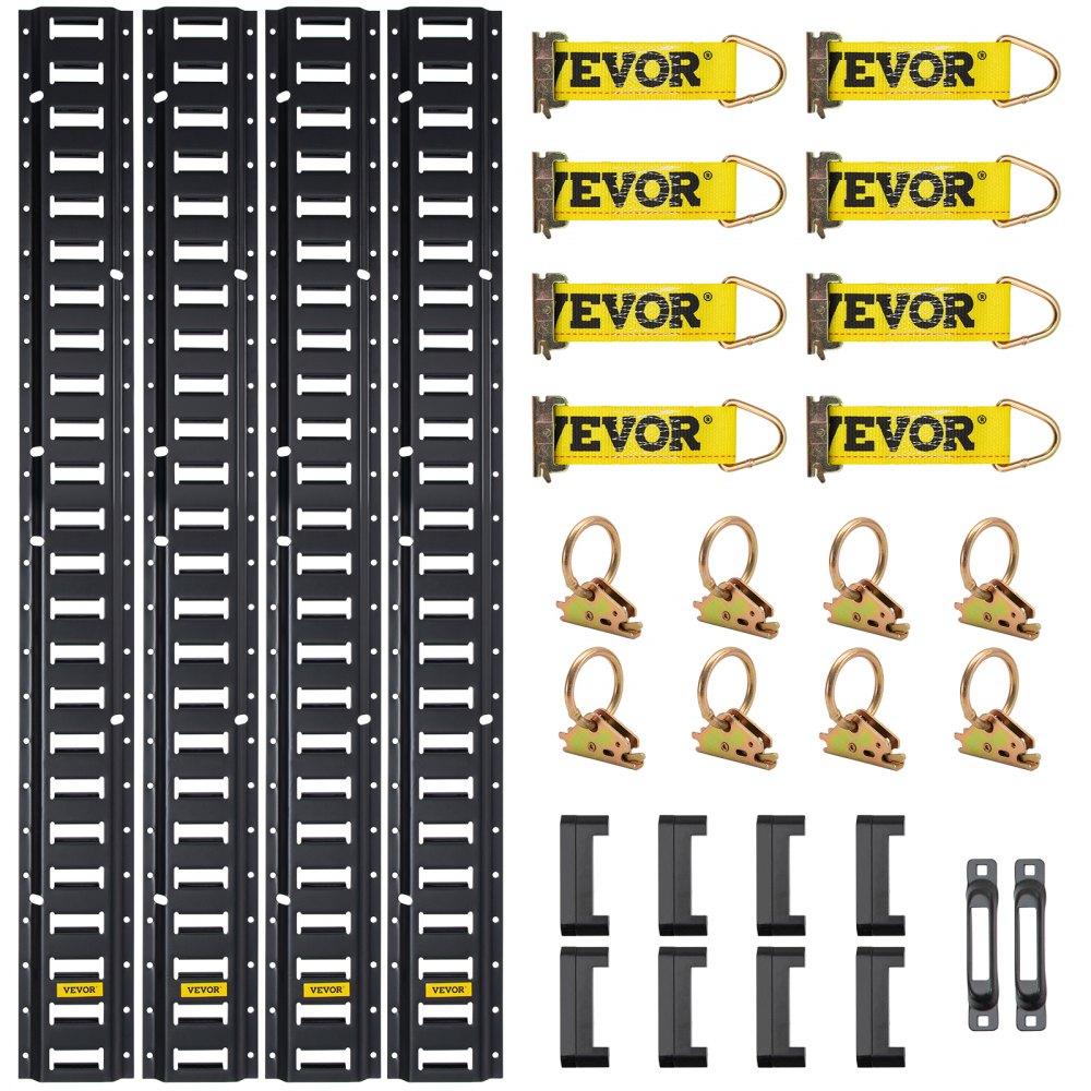 VEVOR e track tie-down kit with black e-tracks, yellow straps, and metal fittings for cargo security.