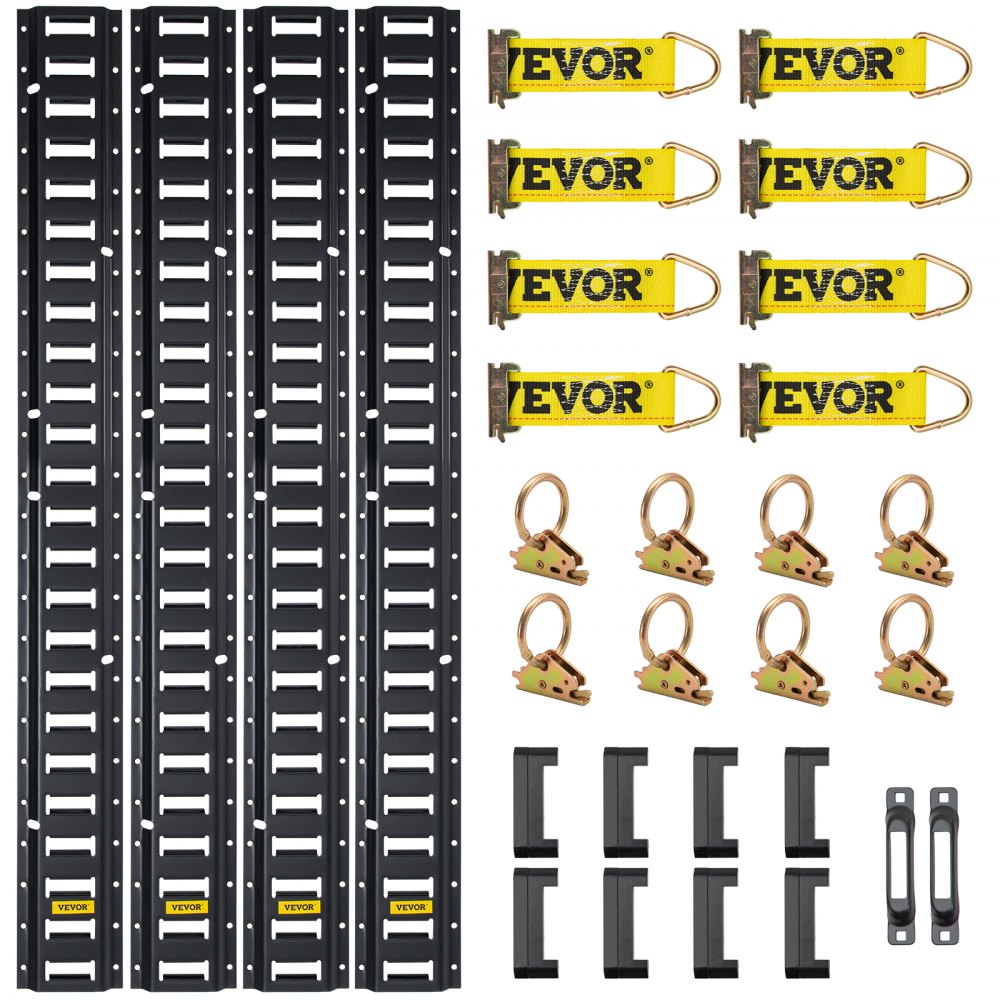 VEVOR E sín rögzítősín készlet, 30 db-os 5 lábos E-sín készlet, 4 acélsínt és 2 egynyílású és 8 O-gyűrűt és 8 összekötőt D-gyűrűvel és 8 végsapkával, rögzítési tartozékokat rakományokhoz, motorkerékpárokhoz és Kerékpárok
