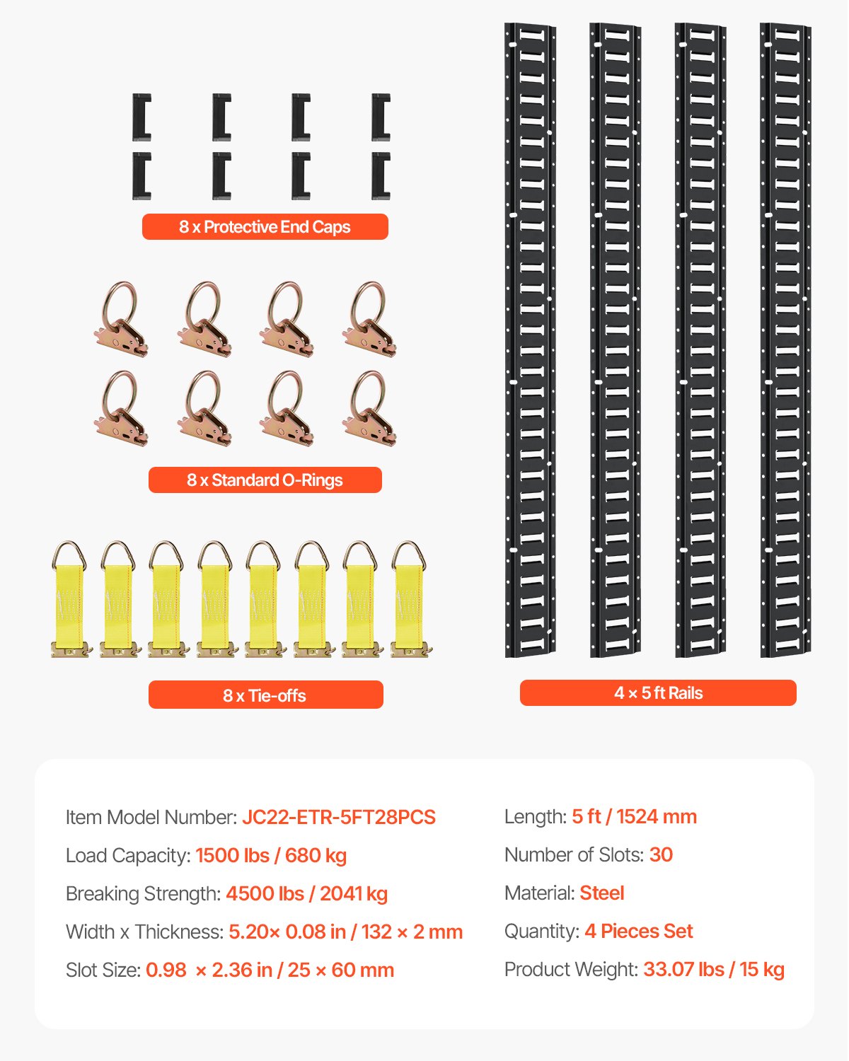 VEVOR E Track Tie-Down Rail Kit, 30PCS 1.52 m E-Tracks Set Includes 4 Steel Rails & 2 Single Slot & 8 O Rings & 8 Tie-Offs with D-Ring & 8 End Caps, Securing Accessories for Cargo, Motorcycles, Bikes