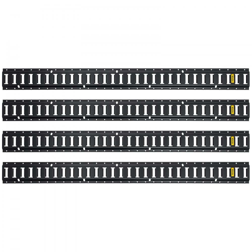 four black VEVOR e-track tie-down rails with multiple slots for securing cargo.