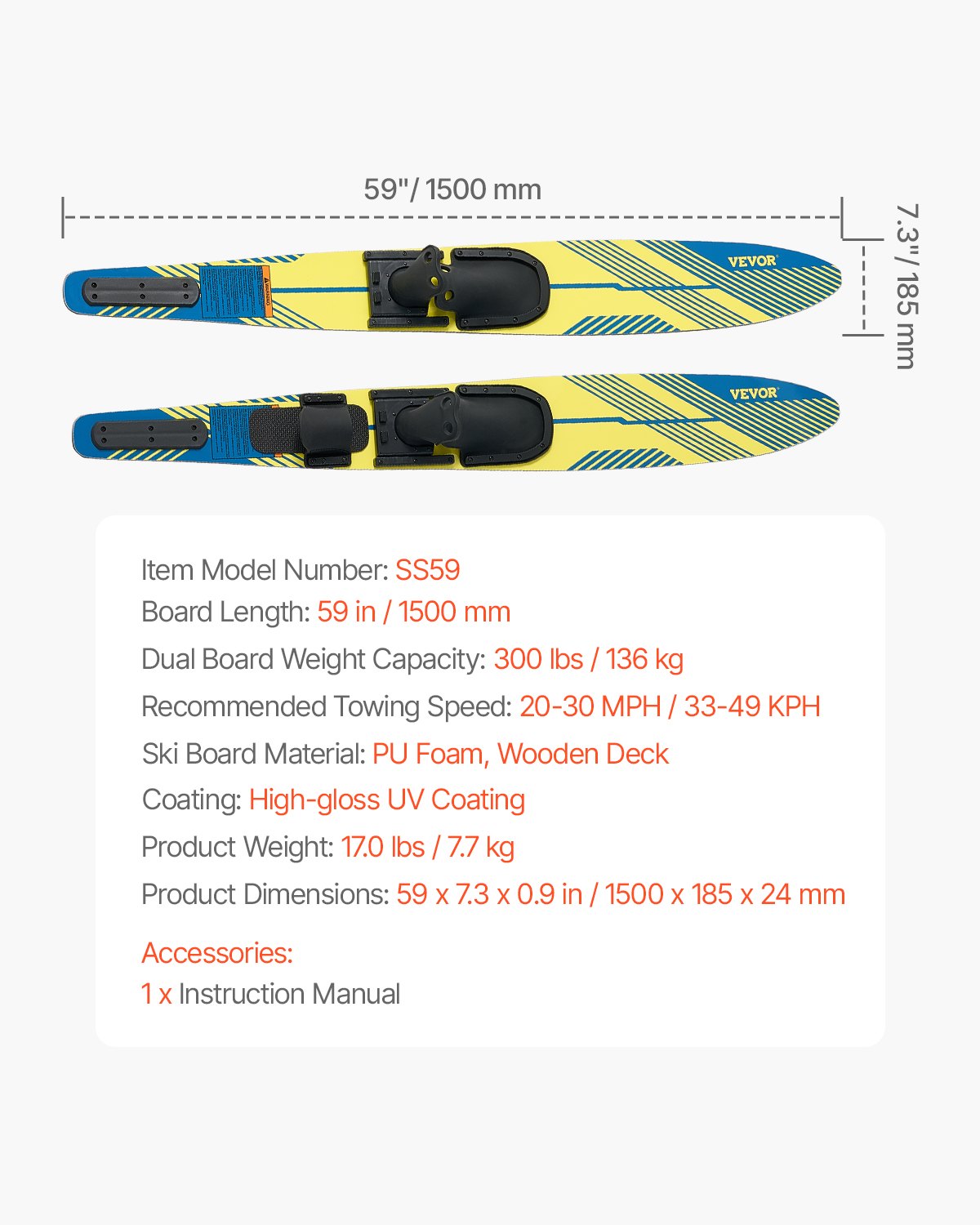 VEVOR Water Skis 150 cm / 59 inch, Water Ski with X-7 Adjustable Horseshoe Bindings & Padded Rear Toe Plate, High-gloss UV Coating Waterskis Combo for Adults Up to 136 kg