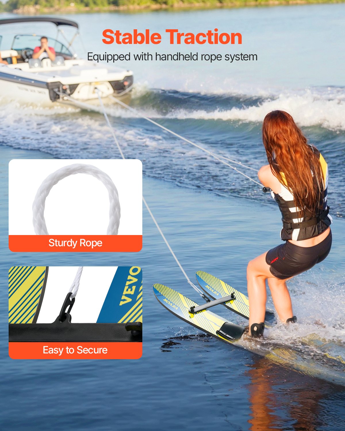 VEVOR Water Skis 116.8 cm / 46 inch, Water Ski Trainers with X-7 Adjustable Bindings, Double-Handle Rope & Removable Stabilizing Bar, Training Waterskis Combo for Youth Up to 136 kg