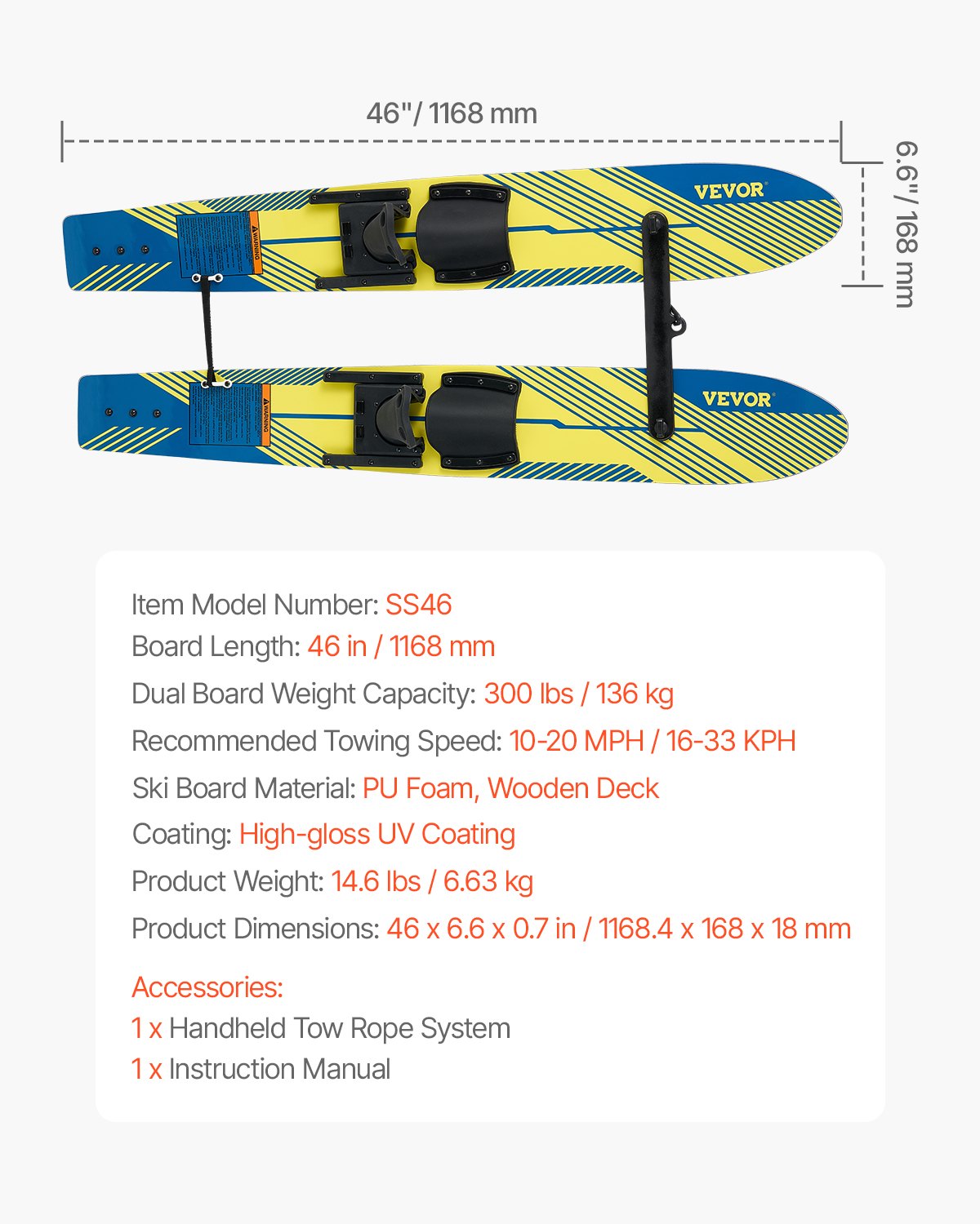VEVOR Water Skis 116.8 cm / 46 inch, Water Ski Trainers with X-7 Adjustable Bindings, Double-Handle Rope & Removable Stabilizing Bar, Training Waterskis Combo for Youth Up to 136 kg