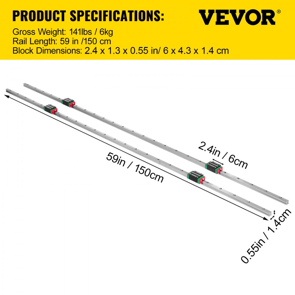 VEVOR linear rail hsr15, 59in length, block dimensions 2.4x1.3x1.1 inches.