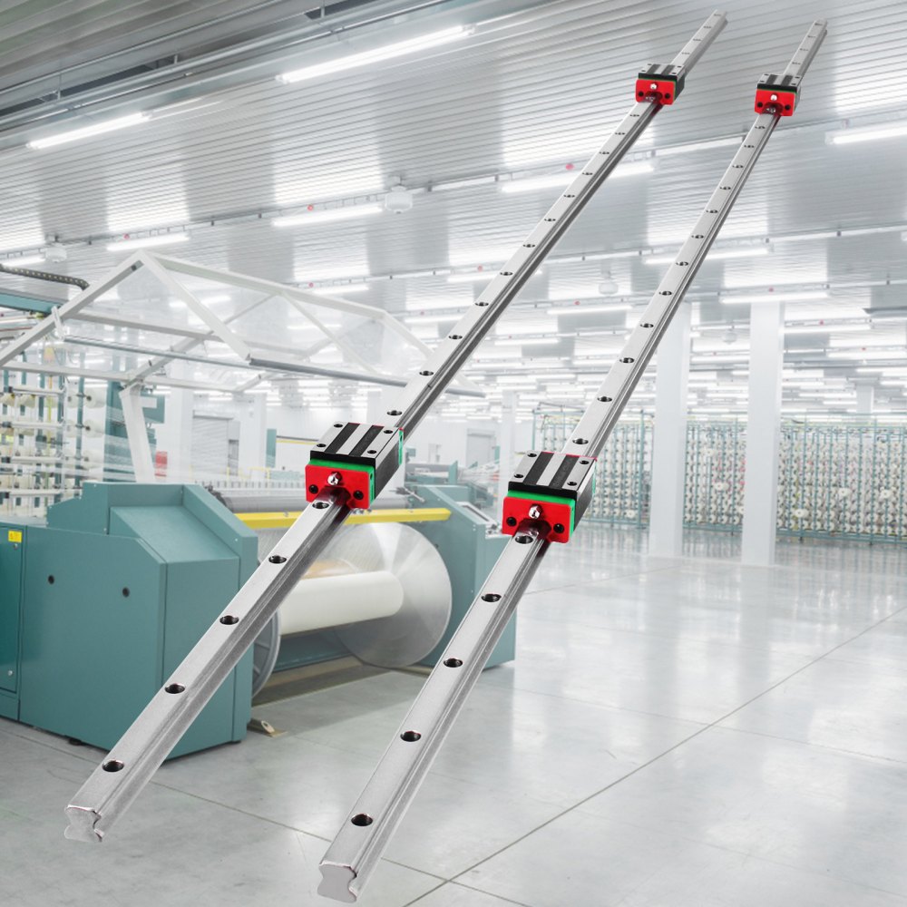VEVOR linear rail hsr15 in a modern industrial setting with machinery in the background.