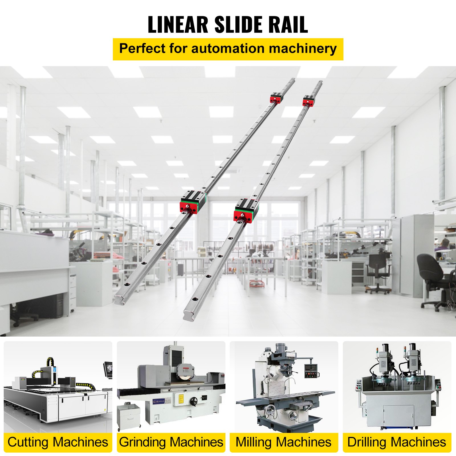 VEVOR linear rail hsr15 for automation machinery highlighted with various machine types.