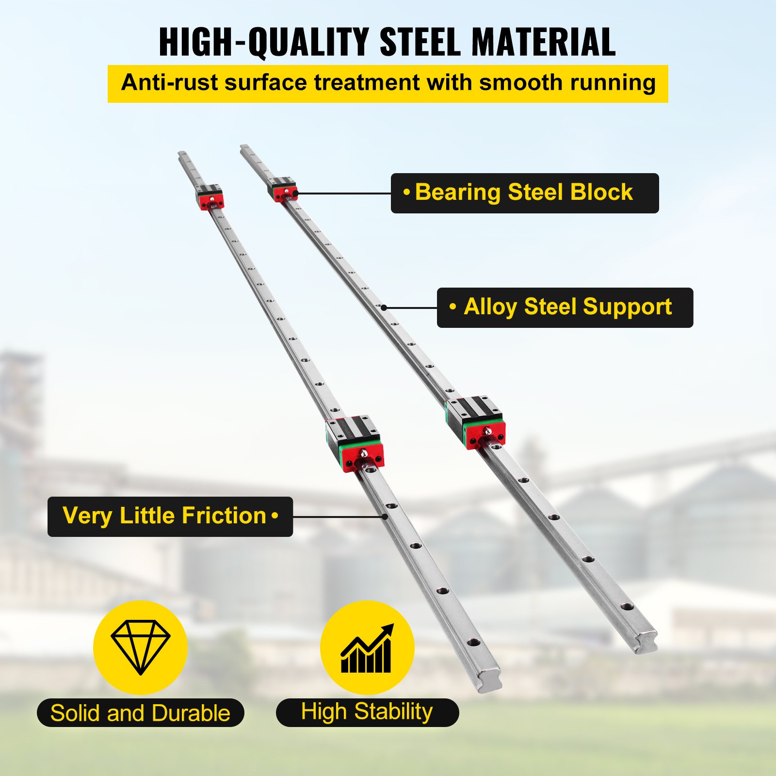 VEVOR linear rail hsr15 showcasing steel material, bearing block, and alloy support.