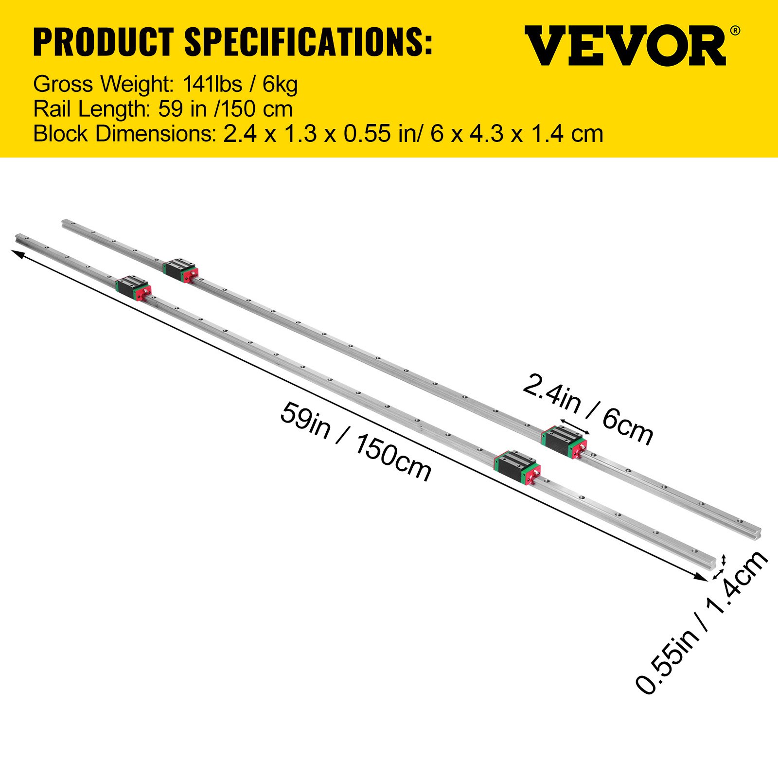 VEVOR linear rail hsr15, 59in length, block dimensions 2.4x1.3x1.1 inches.