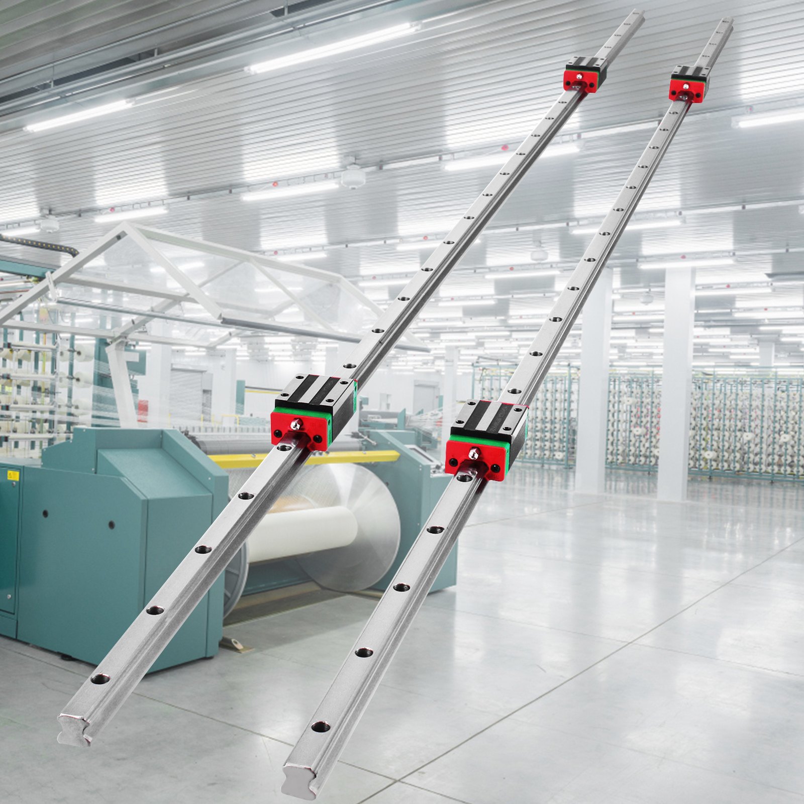 VEVOR linear rail hsr15 in a modern industrial setting with machinery in the background.