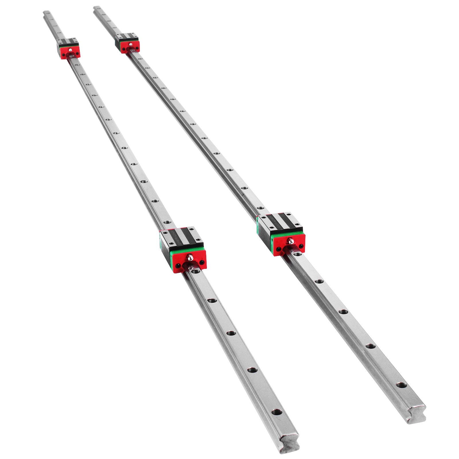 VEVOR linear rail hsr15 with red and green sliding blocks on metal rails.