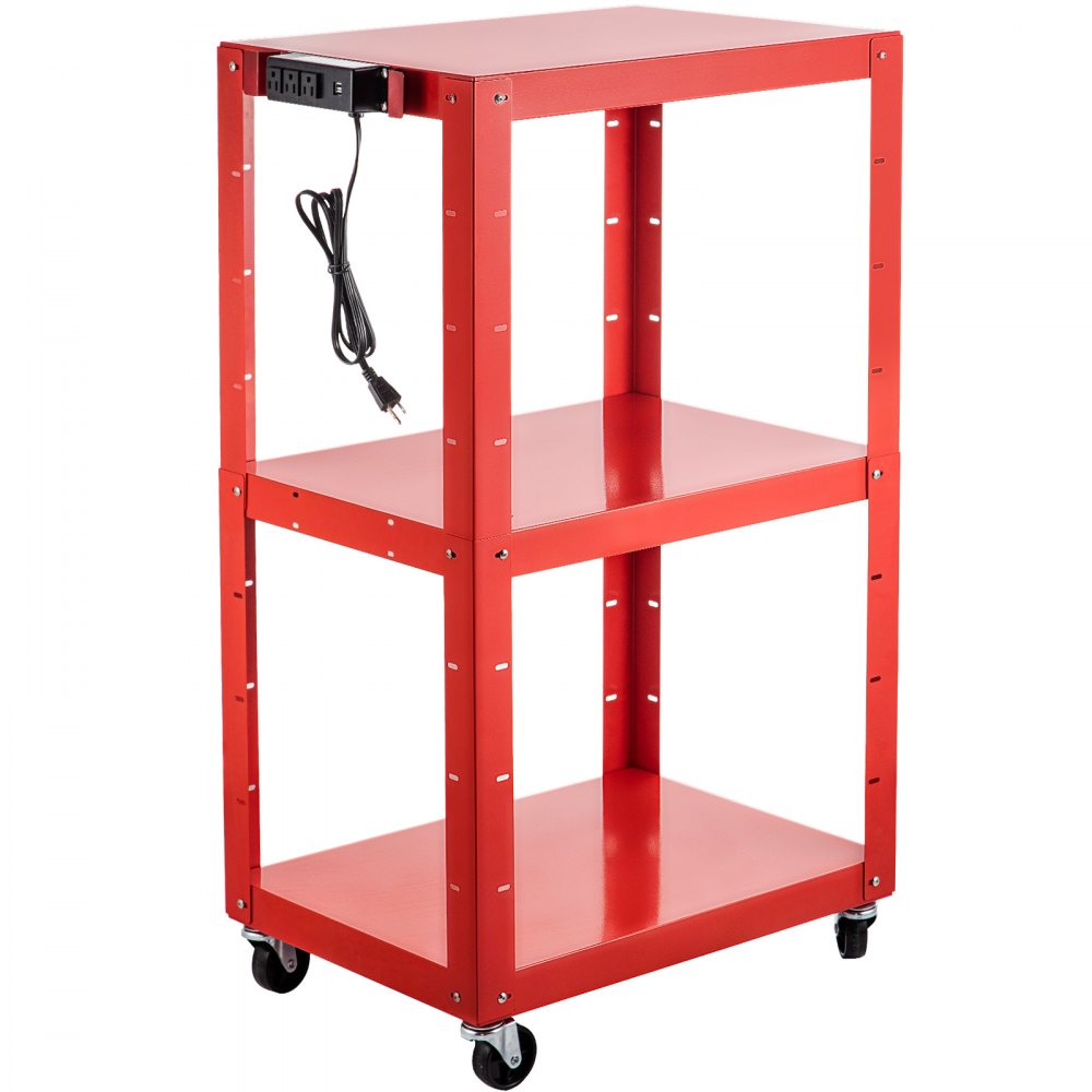 VEVOR Steel AV Cart, 26-41" Height Adjustable Media Cart with Electric Power Cord, 25" x 18" Presentation Cart with 3 Shelves, 150 LBS Rolling Projector Cart with 2 Brakes Suitable for Load-Bearing