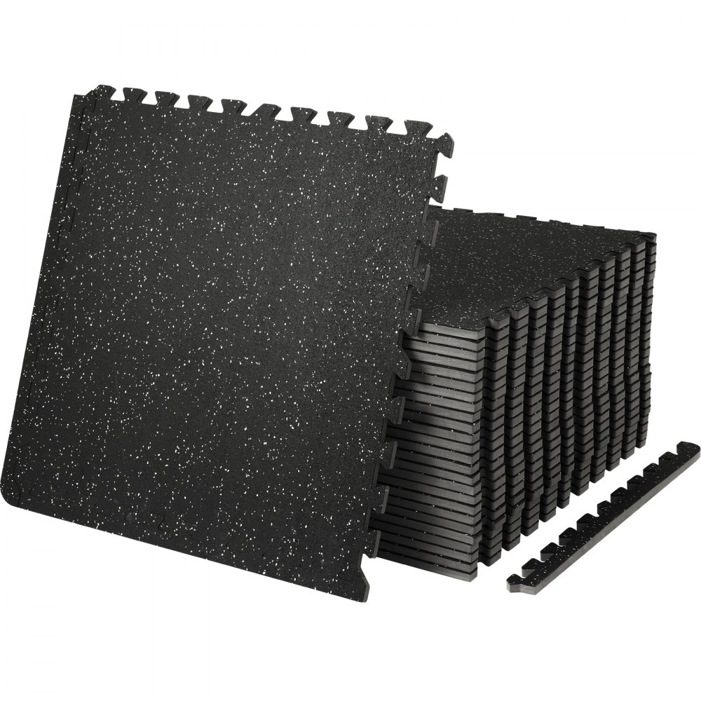 stack of interlocking VEVOR gym floor mats with speckled black design and edge pieces.